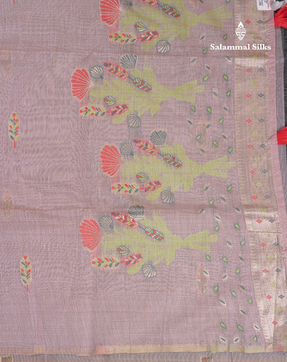 Beautiful Light Lavender Menakari Work Butta Muga Cotton Saree With Contrast Peacock Green Blouse