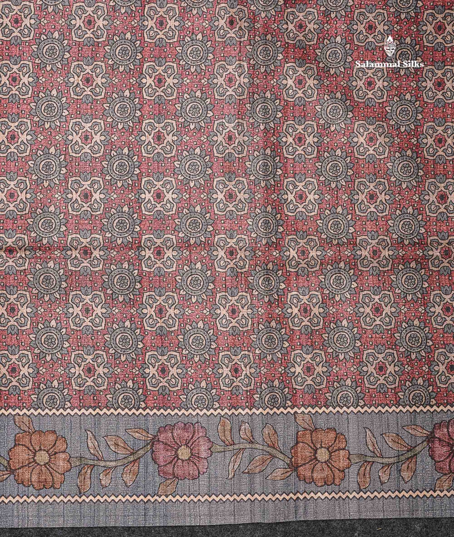 Beautiful Light Maroon Semi Tussar Fancy Saree With Contrast Light Grey Floral Design Border