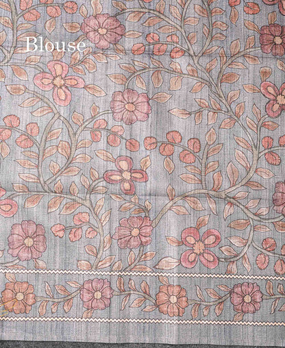 Beautiful Light Maroon Semi Tussar Fancy Saree With Contrast Light Grey Floral Design Border
