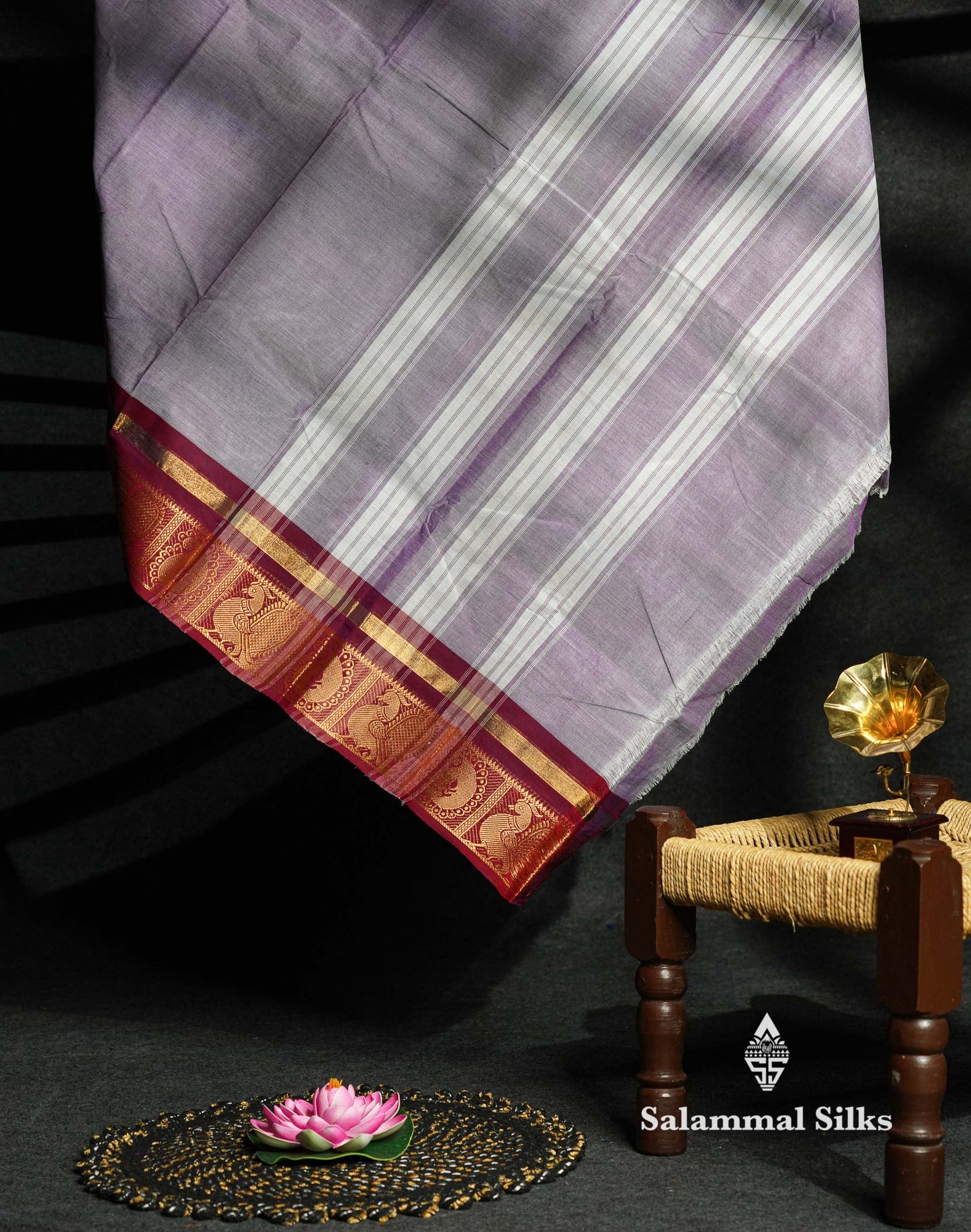 Beautiful Lavender Plain Pure Chettinad Cotton Saree With Maroon Traditional Border