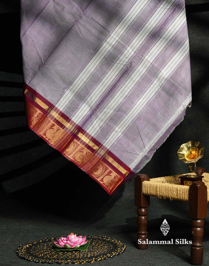 Beautiful Lavender Plain Pure Chettinad Cotton Saree With Maroon Traditional Border