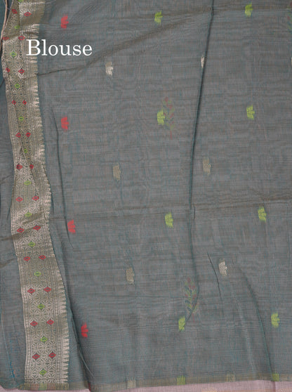 Beautiful Light Lavender Menakari Work Butta Muga Cotton Saree With Contrast Peacock Green Blouse