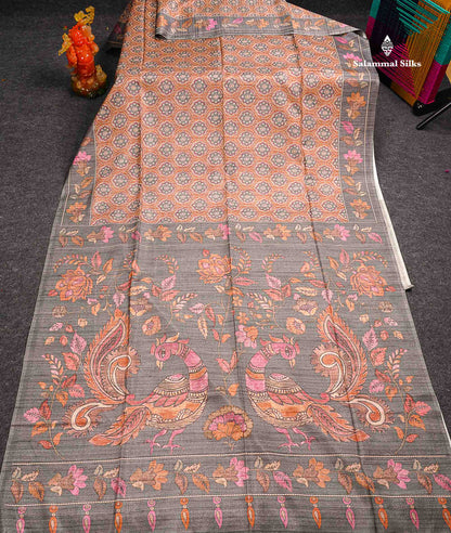 Beautiful Light Brown Semi Tussar Fancy Saree With Contrast Grey Floral Design Border
