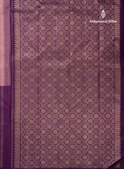 Fancy Koravi Wooden Design Body Pure Kanjivaram Silk Saree With Long Contrast Dark Purple Border