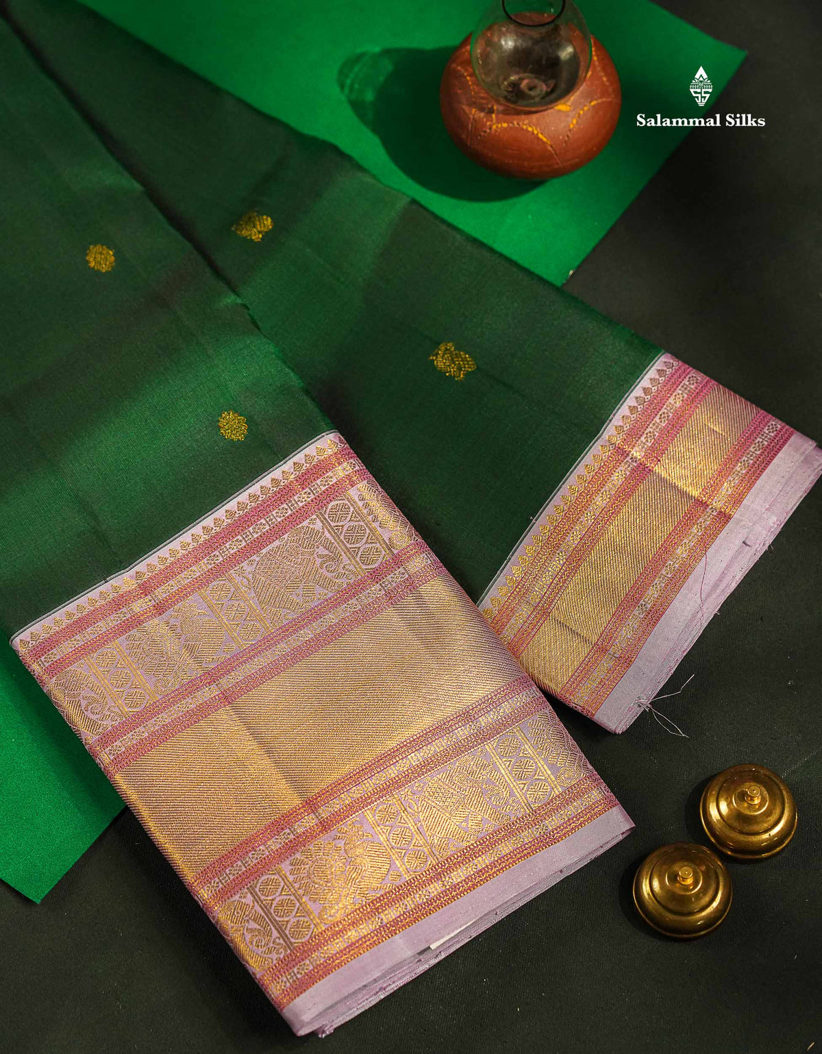 Korvai Beautiful Bottle Green Pure Kanjivaram Silk Saree With Contrast Baby Pink Traditional Evening Morning Border