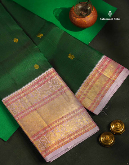 Korvai Beautiful Bottle Green Pure Kanjivaram Silk Saree With Contrast Baby Pink Traditional Evening Morning Border