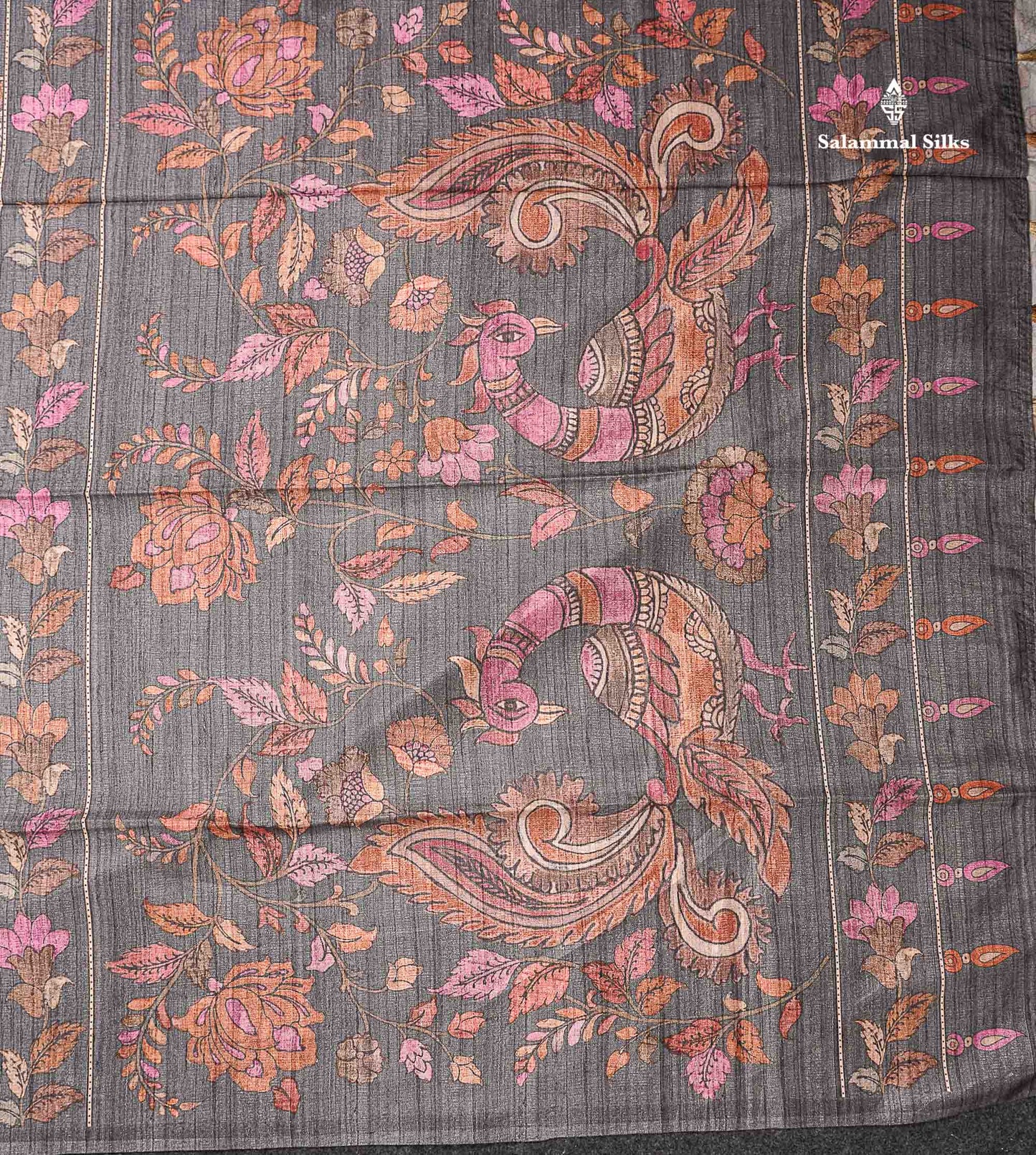 Beautiful Light Brown Semi Tussar Fancy Saree With Contrast Grey Floral Design Border