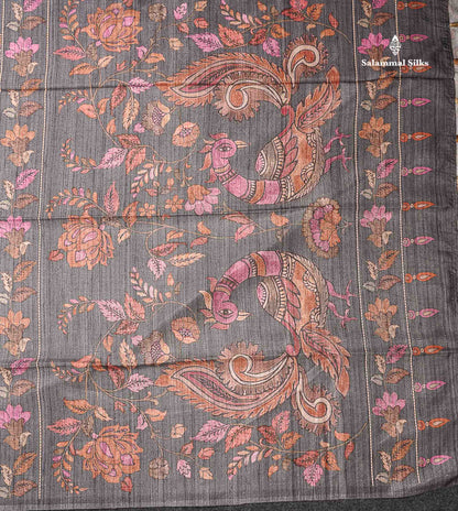 Beautiful Light Brown Semi Tussar Fancy Saree With Contrast Grey Floral Design Border
