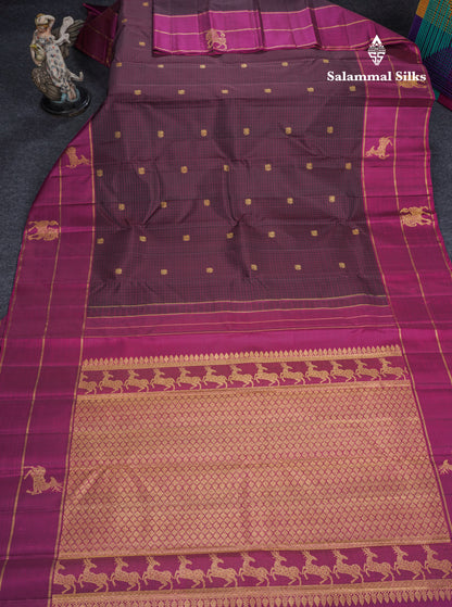 Dark Purple Beautiful Thread Checks Pure Kanjivaram Silk Saree With Vadamalli Traditional Butta Border