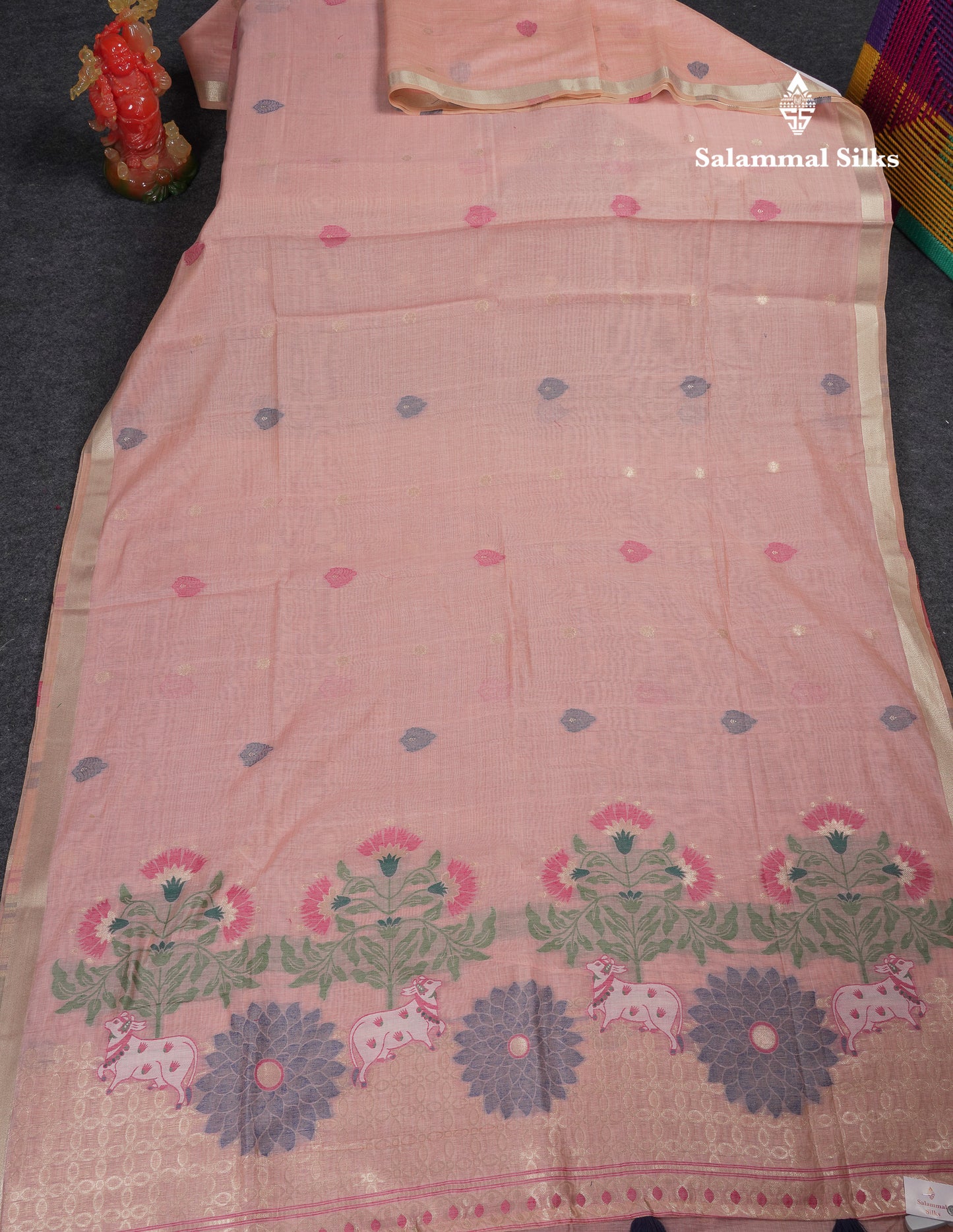 Beautiful Dark Peach Muga Cotton Saree With Contrast Pink Blouse