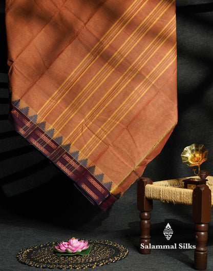 Beautiful Light Rust Orange Plain Chettinad Pure Cotton Saree With Violet Border