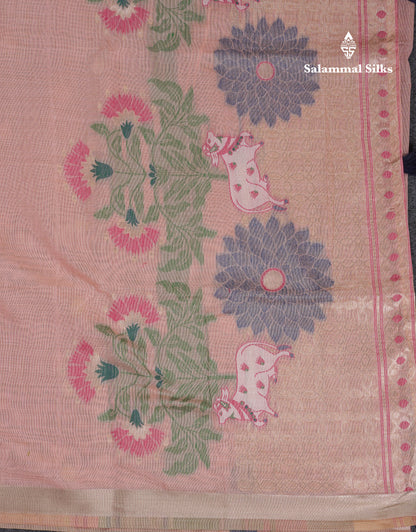 Beautiful Dark Peach Muga Cotton Saree With Contrast Pink Blouse