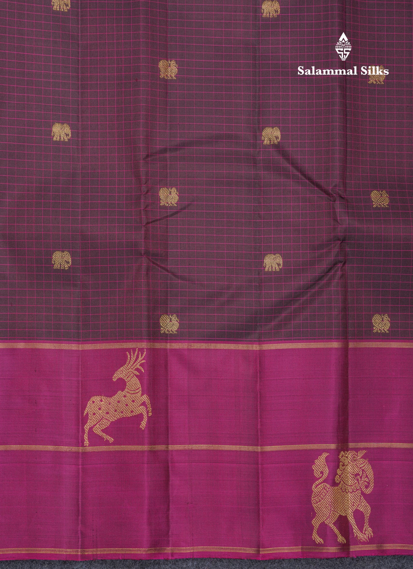 Dark Purple Beautiful Thread Checks Pure Kanjivaram Silk Saree With Vadamalli Traditional Butta Border