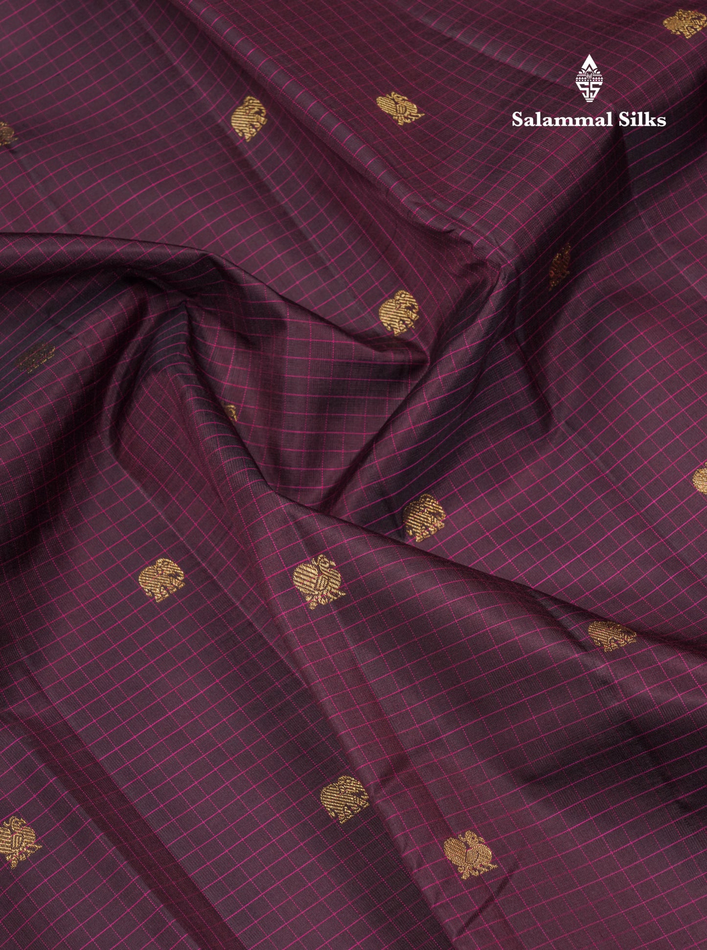 Dark Purple Beautiful Thread Checks Pure Kanjivaram Silk Saree With Vadamalli Traditional Butta Border