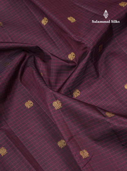 Dark Purple Beautiful Thread Checks Pure Kanjivaram Silk Saree With Vadamalli Traditional Butta Border