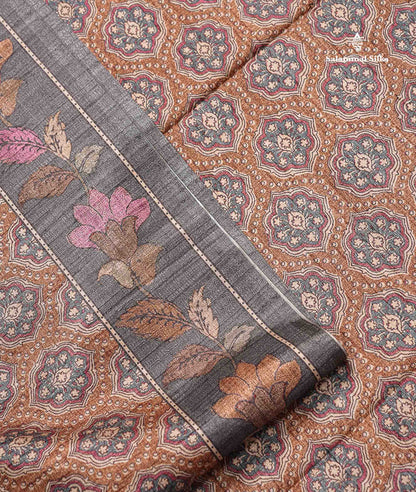 Beautiful Light Brown Semi Tussar Fancy Saree With Contrast Grey Floral Design Border