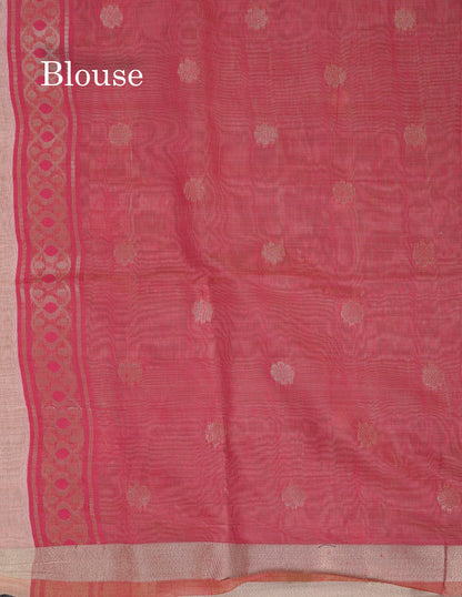 Beautiful Dark Peach Muga Cotton Saree With Contrast Pink Blouse
