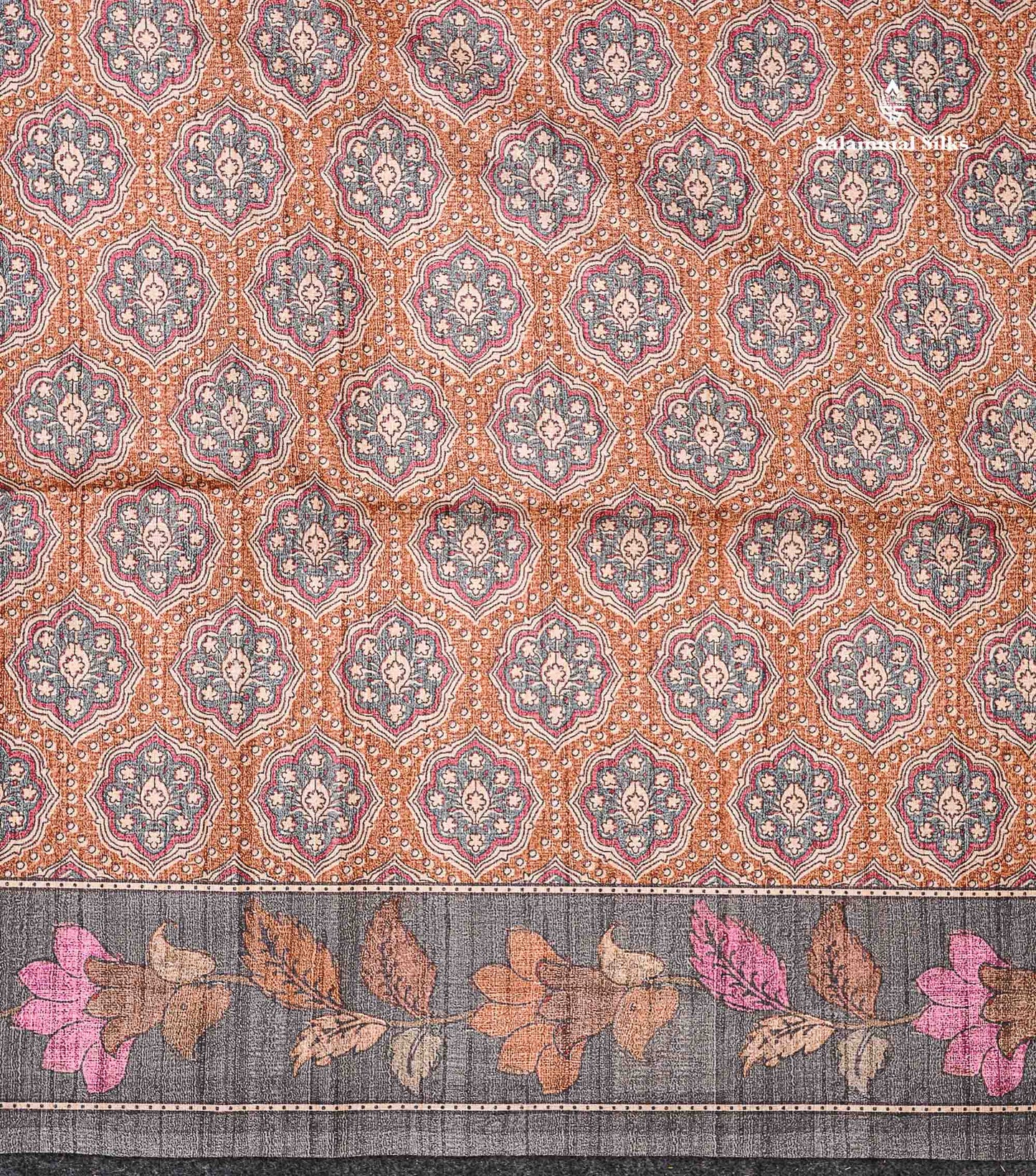 Beautiful Light Brown Semi Tussar Fancy Saree With Contrast Grey Floral Design Border