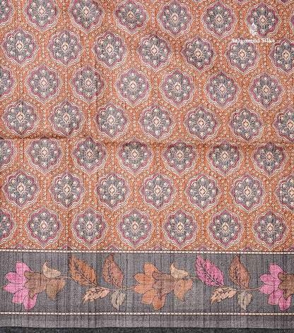 Beautiful Light Brown Semi Tussar Fancy Saree With Contrast Grey Floral Design Border