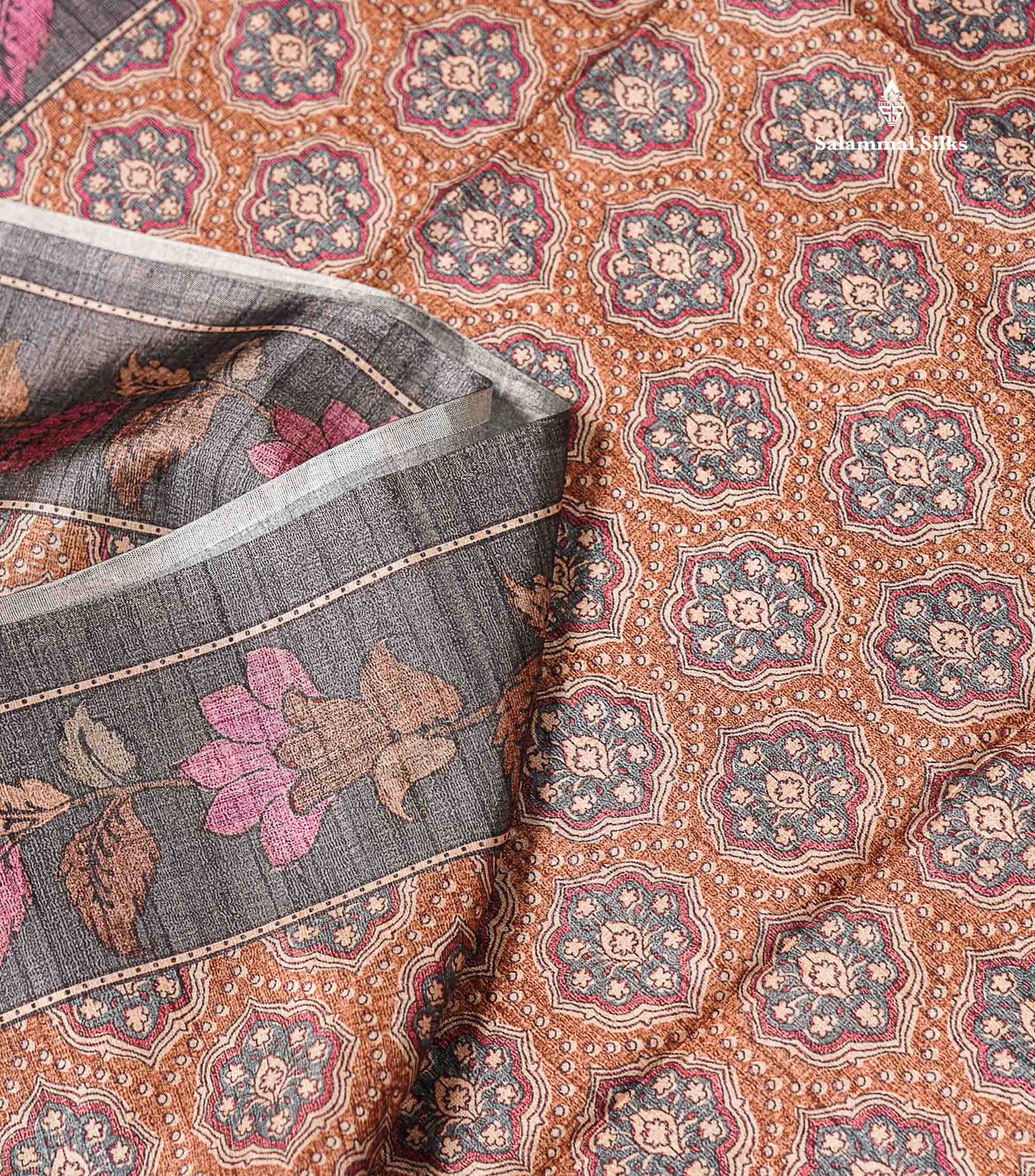 Beautiful Light Brown Semi Tussar Fancy Saree With Contrast Grey Floral Design Border