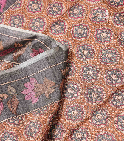 Beautiful Light Brown Semi Tussar Fancy Saree With Contrast Grey Floral Design Border