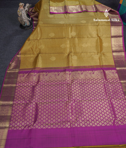 Mehandi Green Small Vairaoosi Checks Pure Kanjivaram Silk Saree With Violet Border