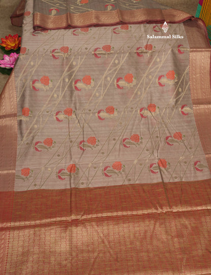 Grey Semi Tussar Saree With Fancy Border