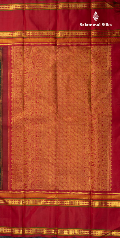 Bottle Green Checks Pure Kanjivaram Silk Saree With Contrast Reddish Pink Gap Border