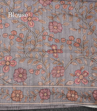 Beautiful Light Brown Semi Tussar Fancy Saree With Contrast Grey Floral Design Border