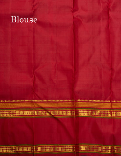Bottle Green Checks Pure Kanjivaram Silk Saree With Contrast Reddish Pink Gap Border