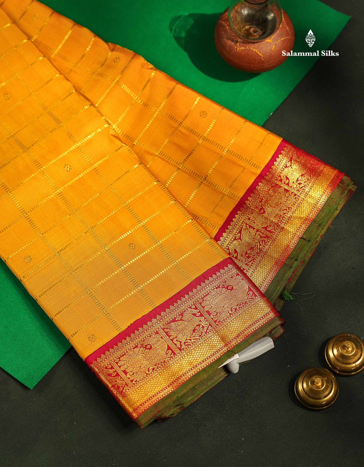 Beautiful Korvai Yellow Checks With Butta Pure Kanjivaram Silk Saree With Contrast Reddish Maroon Traditional Border