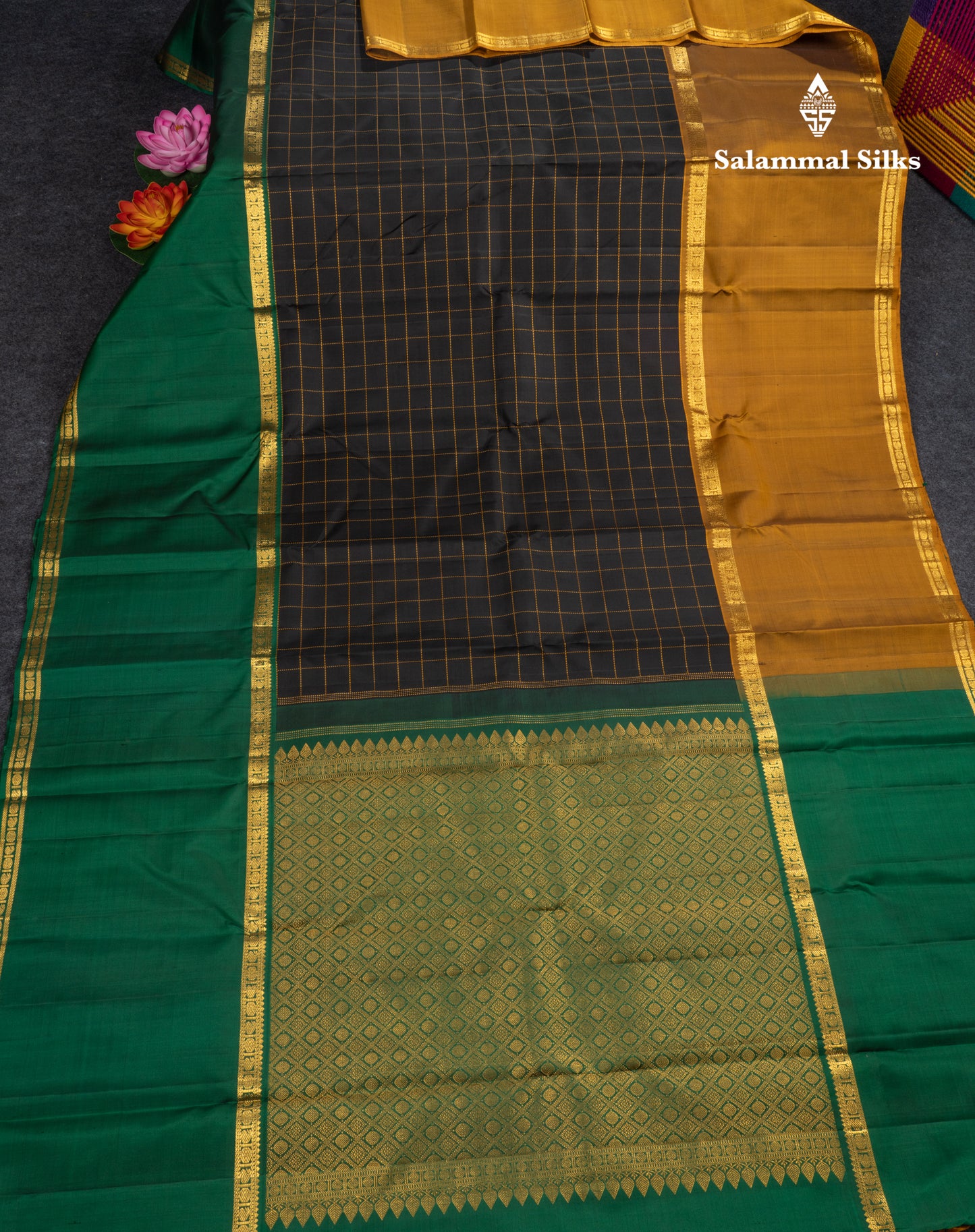 Black Checks Pure Kanjivaram Silk Saree With Contrast Long Ganga Jamuna Border