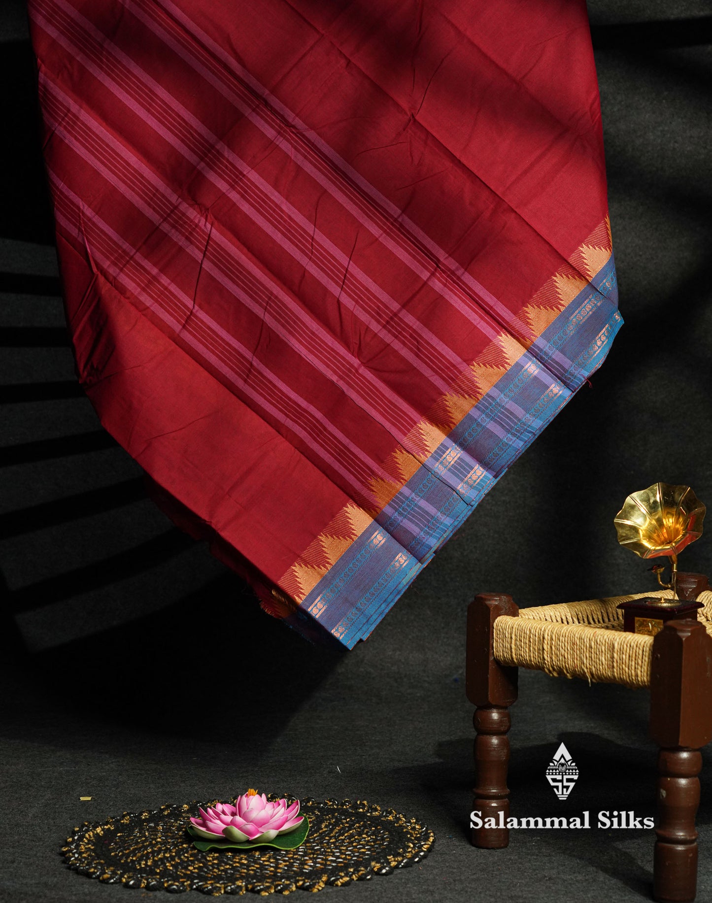 Beautiful Grey Plain Pure Chettinad  Cotton Saree With Violet Thread Work Traditional Temple And Double Border