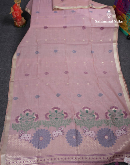 Beautiful Dark Peach Muga Cotton Saree With Contrast Pink Blouse
