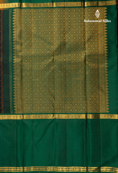 Black Checks Pure Kanjivaram Silk Saree With Contrast Long Ganga Jamuna Border