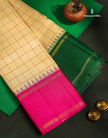 Pure Kanjivaram Silk Saree - Beige Colour Body Checks With Traditional Ganga Jamanu Gap Border