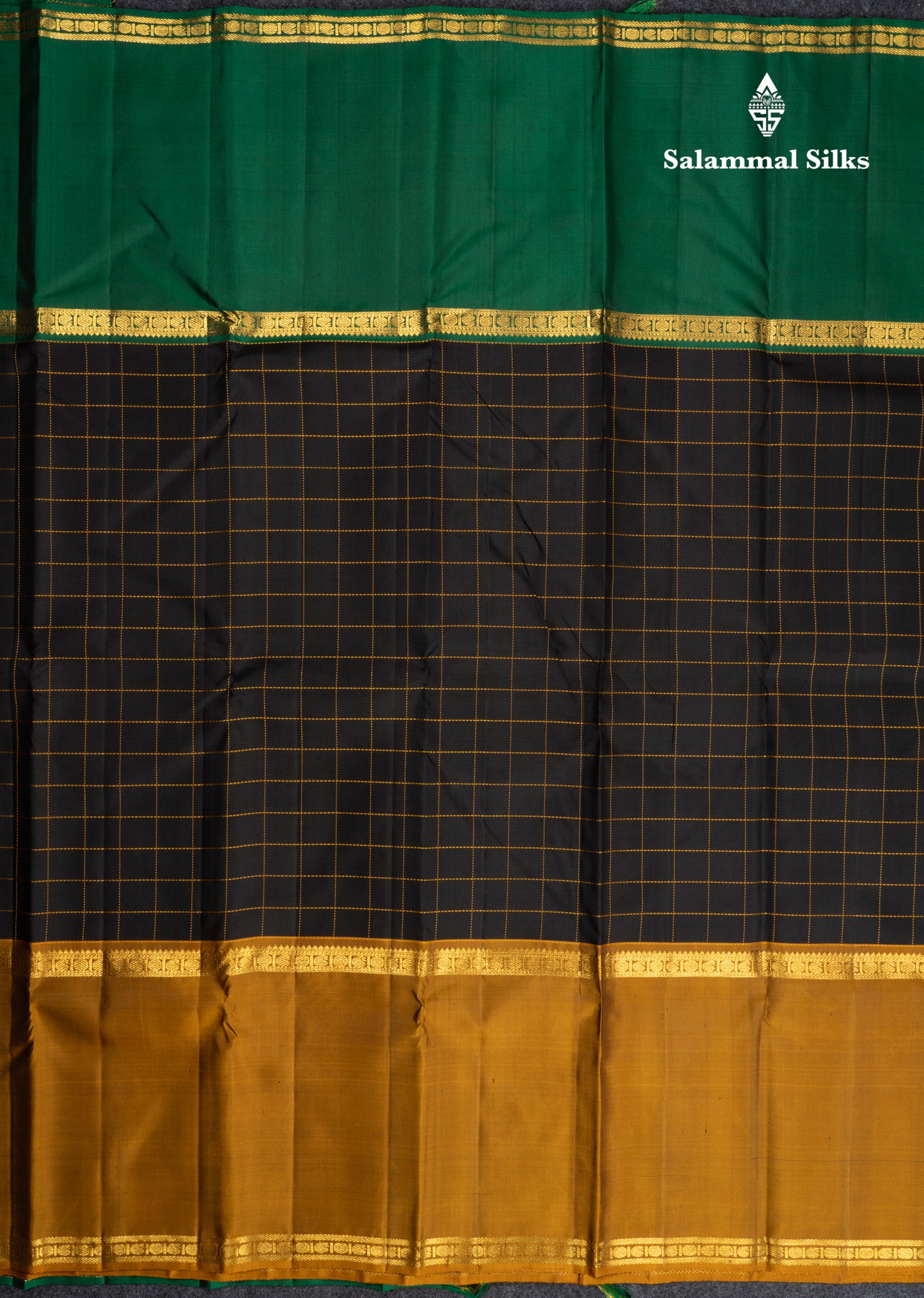 Black Checks Pure Kanjivaram Silk Saree With Contrast Long Ganga Jamuna Border