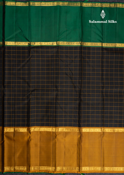 Black Checks Pure Kanjivaram Silk Saree With Contrast Long Ganga Jamuna Border