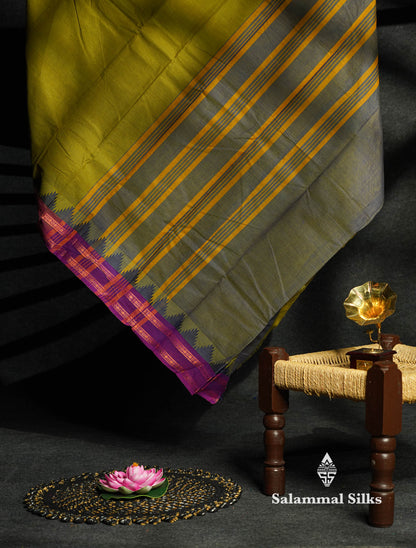 Beautiful Olive Green Chettinad Plain Pure Cotton Saree With Maganta Traditional Temple And Double Border