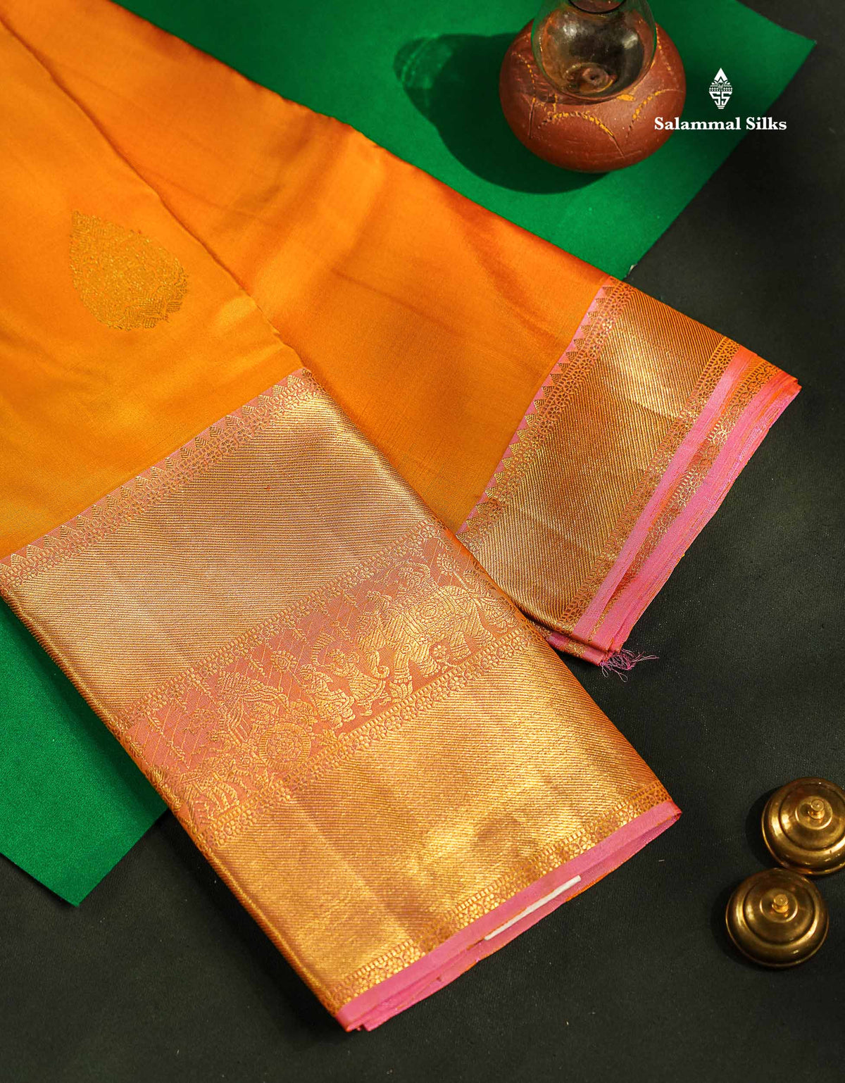Beautiful Mustard Yellow Pure Kanjivaram Silk Saree with Contrast Peach Pink Traditional Evening Morning Pallakku Border