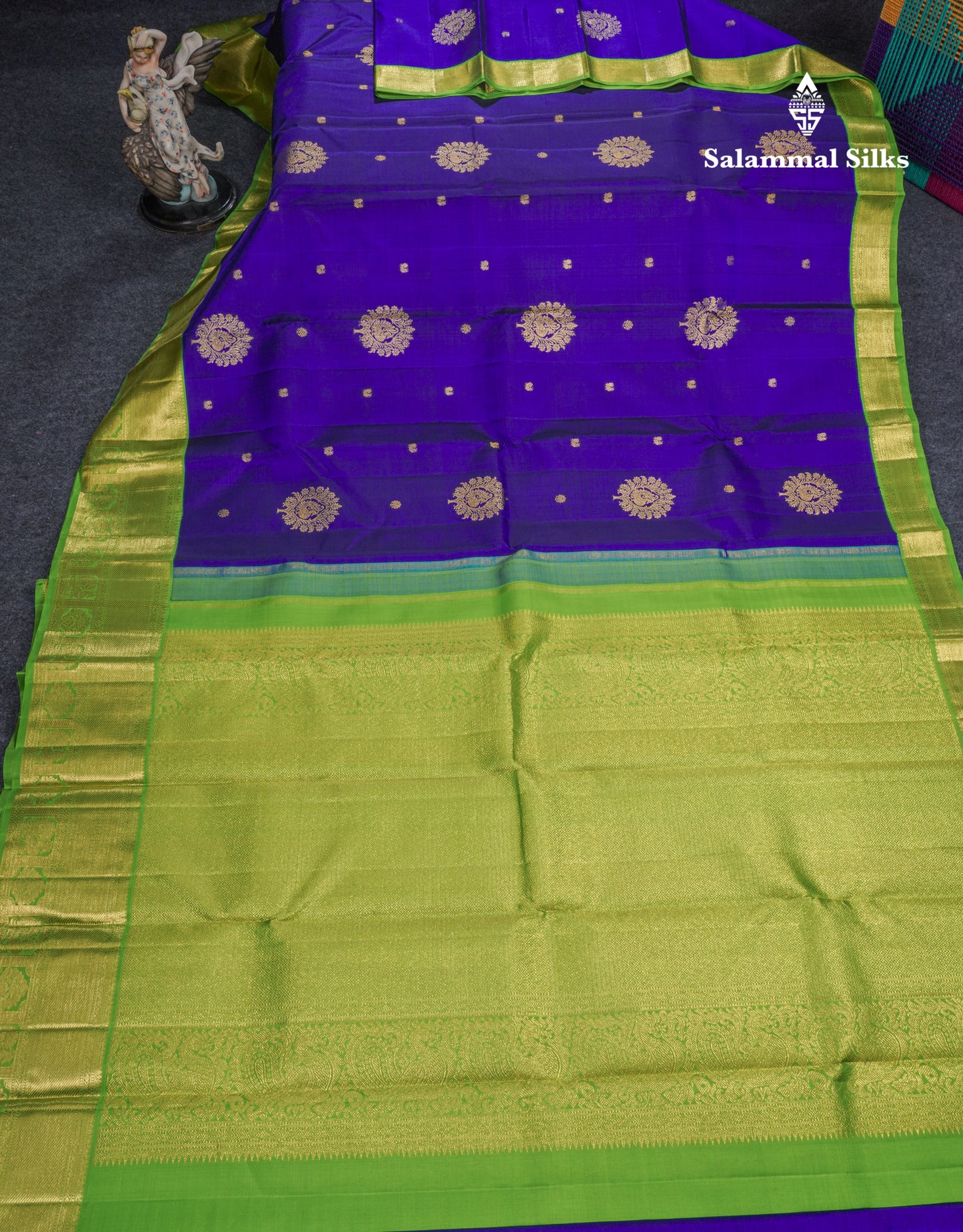 Royal Blue Beautiful Traditional Buttas Pure Kanjivaram Silk Saree With Parrot Green Evening Morning Korvai Border