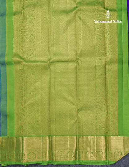 Royal Blue Beautiful Traditional Buttas Pure Kanjivaram Silk Saree With Parrot Green Evening Morning Korvai Border