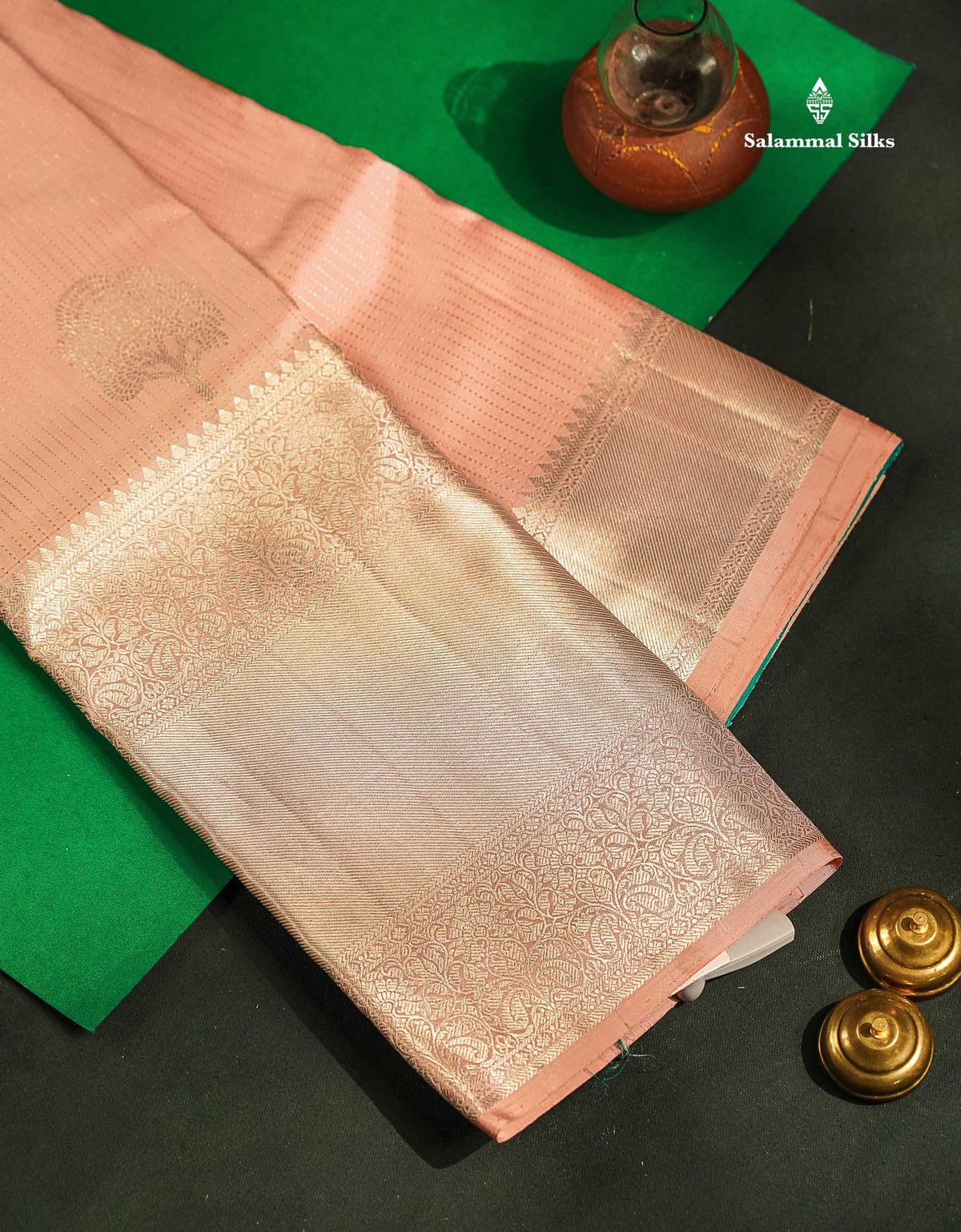 Beautiful Baby Pink Pure Kanjivaram Silk Saree With Contrast Sapphire Green Blouse