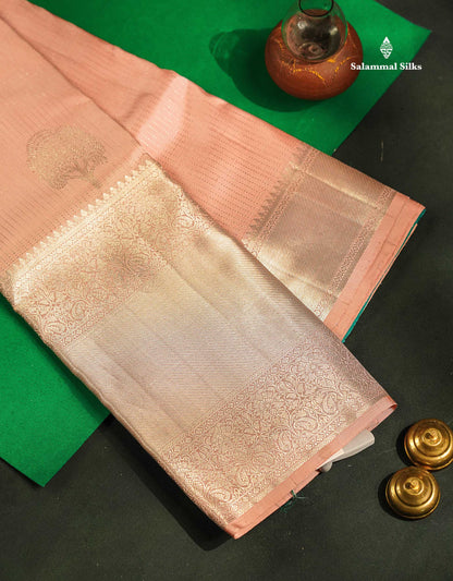 Beautiful Baby Pink Pure Kanjivaram Silk Saree With Contrast Sapphire Green Blouse