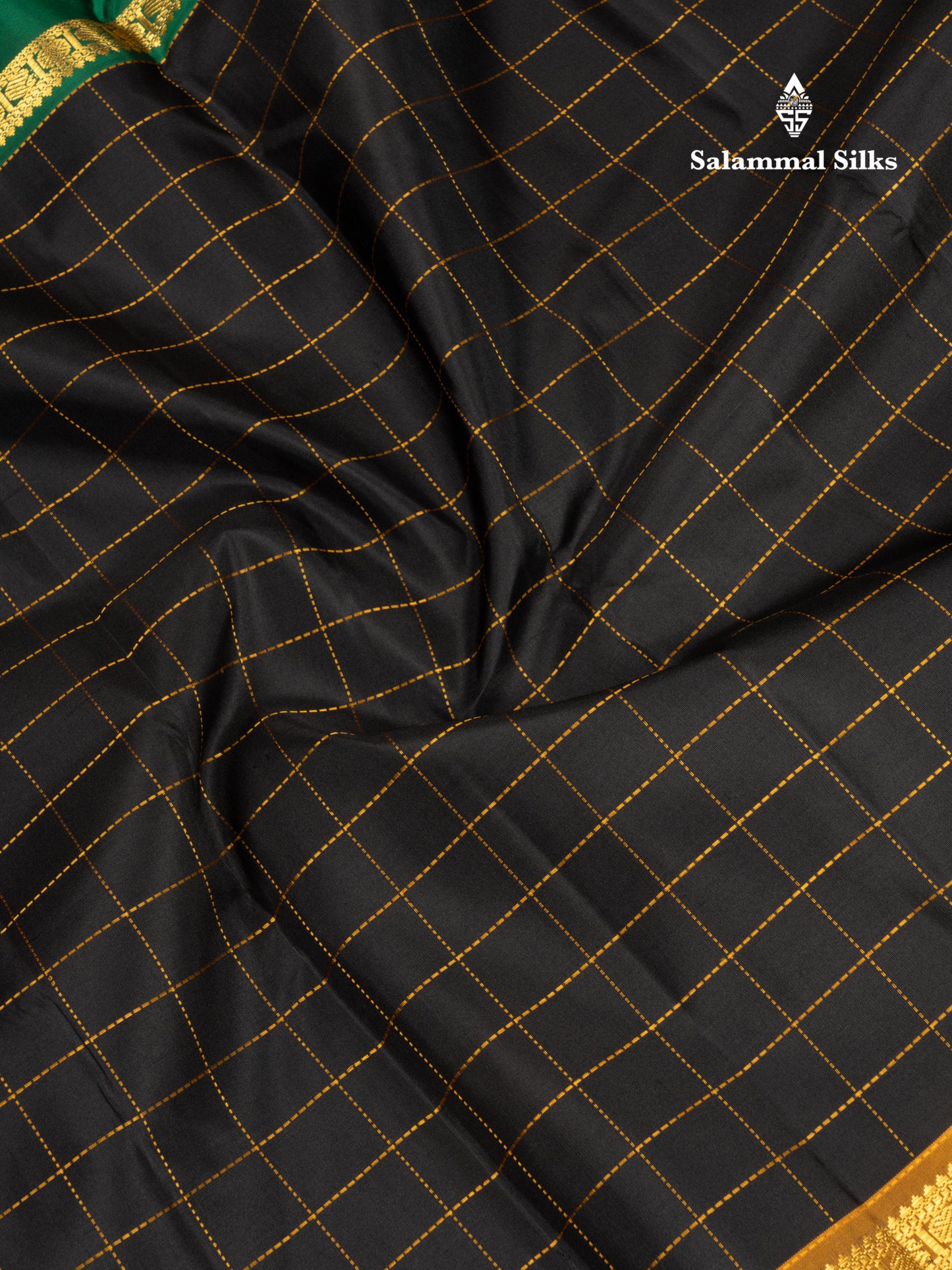 Black Checks Pure Kanjivaram Silk Saree With Contrast Long Ganga Jamuna Border