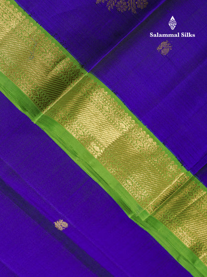 Royal Blue Beautiful Traditional Buttas Pure Kanjivaram Silk Saree With Parrot Green Evening Morning Korvai Border