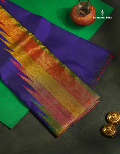 Beautiful Dual Tone Navy Blue 8Kol Pure Kanjivaram Silk Saree With Traditional Temple Border