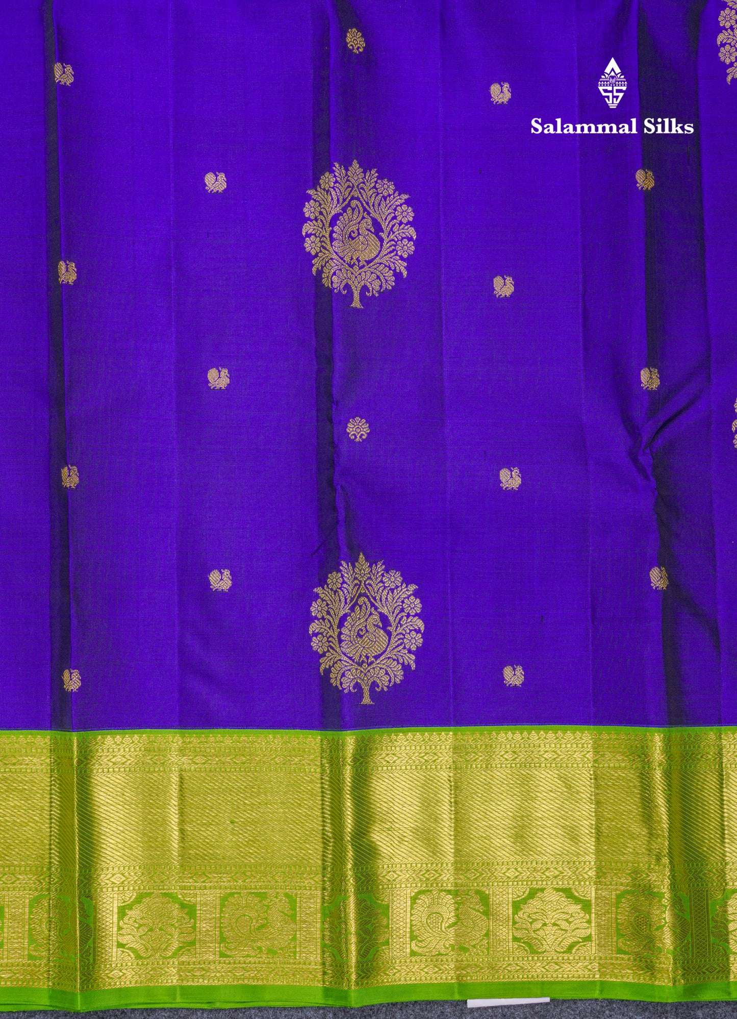 Royal Blue Beautiful Traditional Buttas Pure Kanjivaram Silk Saree With Parrot Green Evening Morning Korvai Border