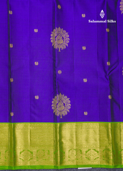Royal Blue Beautiful Traditional Buttas Pure Kanjivaram Silk Saree With Parrot Green Evening Morning Korvai Border