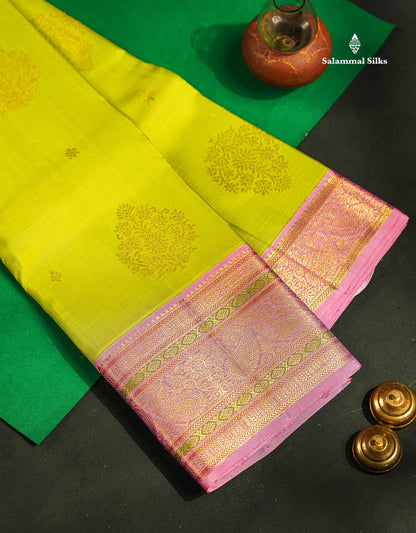 Korvai Beautiful Parrot Green Pure Kanjivaram Silk Saree With Contrast Baby Pink Traditional Evening Morning Border